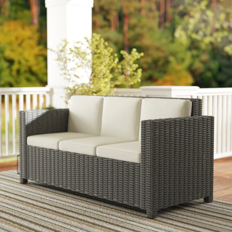 3 Seater Rattan Sofa - All-Weather Wicker Weave - Metal Frame - Fire Resistant Cushions - Cream