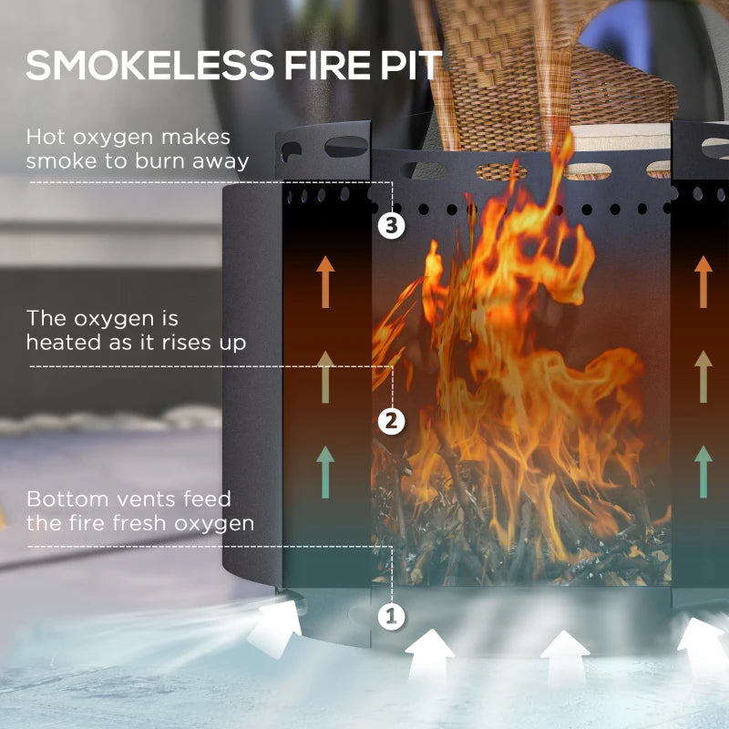 Portable Smokeless Fire Pit 48.5cm - Black Metal Wood Burning Firepit with Poker for Garden, Camping & Bonfire Parties