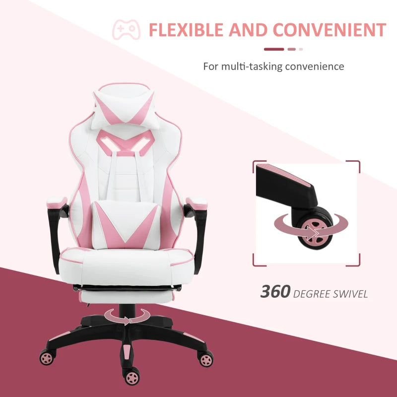 Vinsetto Pink Gaming Chair - Ergonomic Racing Desk Chair with Lumbar Support, Footrest, Headrest & Swivel Wheels for Home