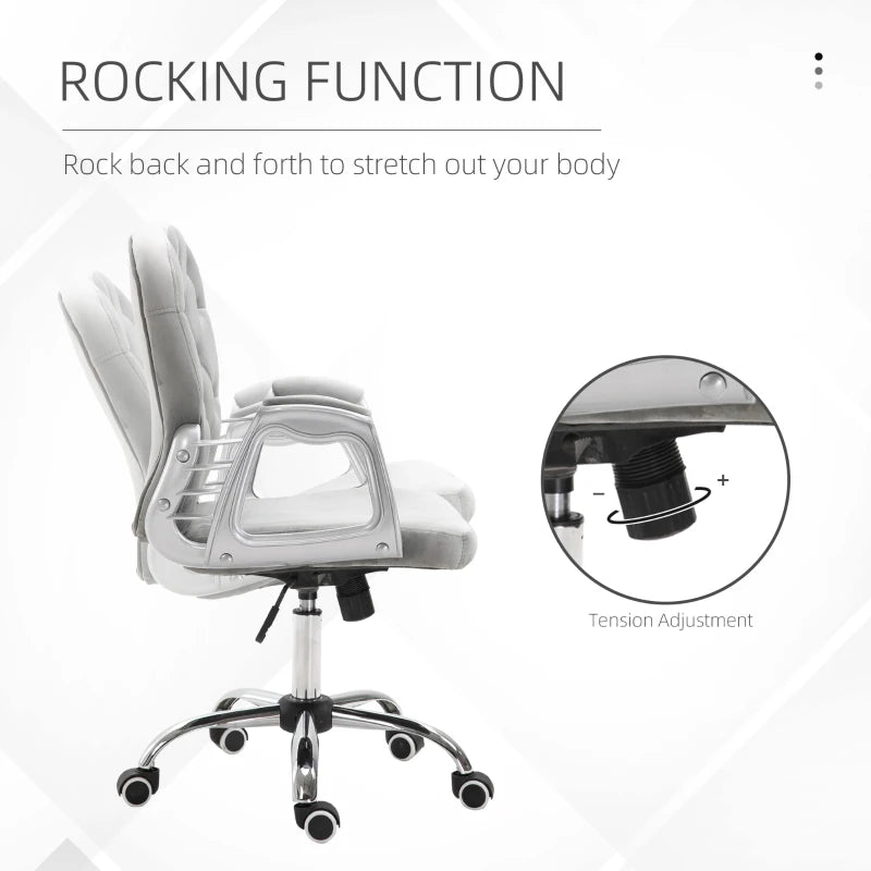 Vinsetto Grey Velvet Office Chair - Swivel Desk Chair with Adjustable Height & Rolling Wheels for Home & Study
