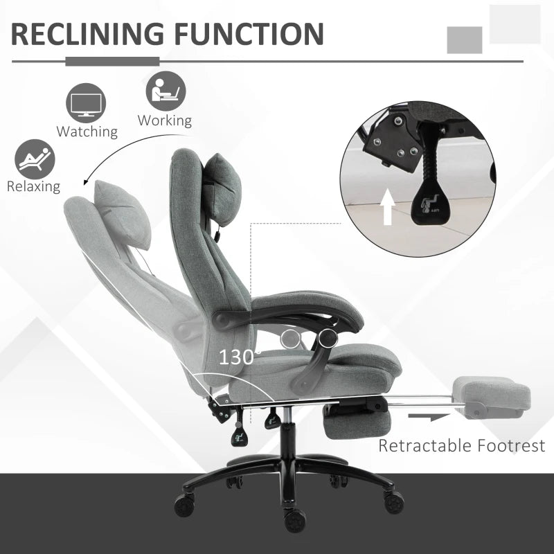 Vinsetto Grey Office Chair with Adjustable Massage Pillow, USB Power, Retractable Footrest, High Back, 360° Swivel for Home