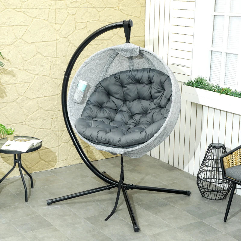 Hanging Egg Chair - Grey Outdoor Indoor Garden Swing Chair with Folding Basket, Stand, Thickened Cushion & Cup Holder - Perfect for Patio & Balcony