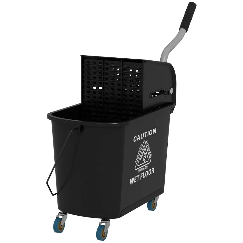20L Compact Mop Bucket on Wheels with Water Separation Panel - Durable Black Cleaning Solution for Efficient Floor Care