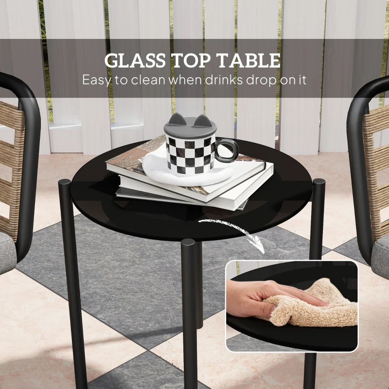 3 Piece Rattan Bistro Set with Cushions and Glass Top Table for Outdoor Patio