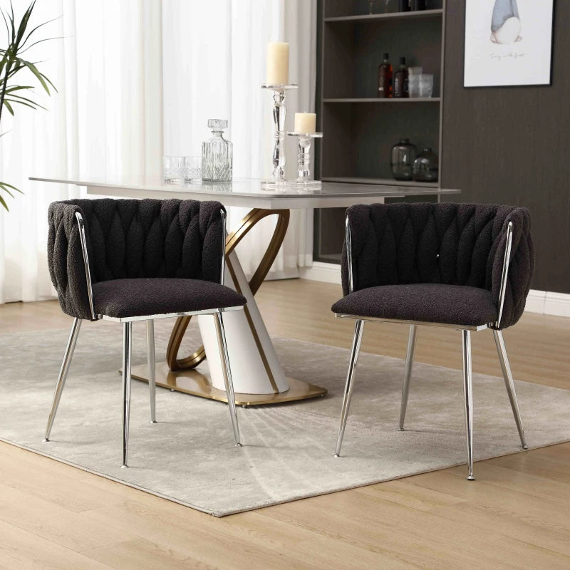 Set of 2 Modern Boucle Upholstered Dining Chairs with Silver Legs & Armrests - Stylish Living Room Seating, Black, 54x52x73 cm
