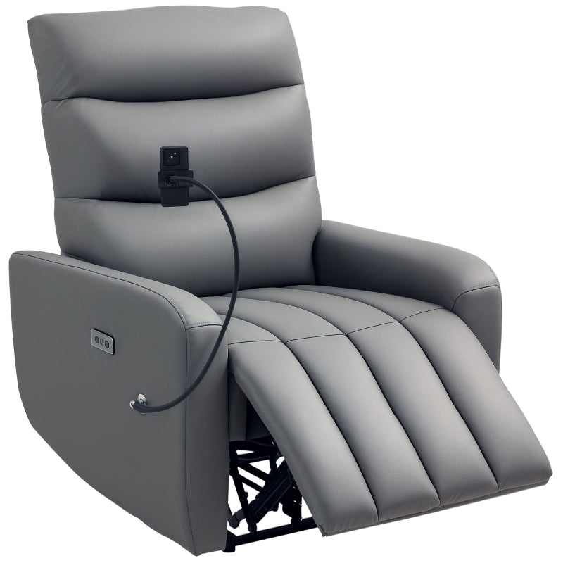 Electric Recliner Armchair with USB and Type C Charging, Phone Holder, Adjustable Leg Rest, Grey PU Leather for Living Room