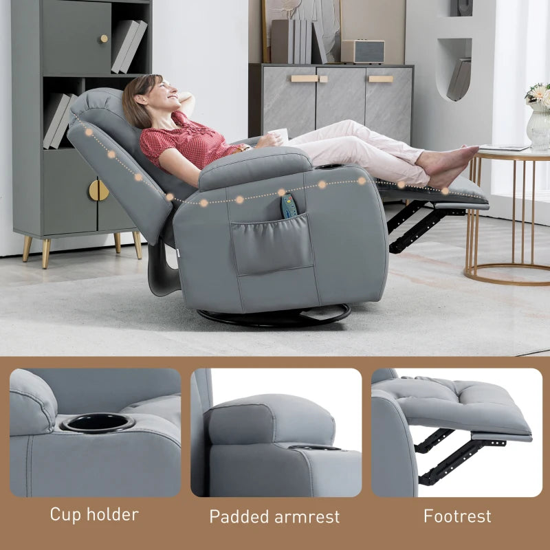 Comfortable Massage Recliner Chair with 8 Vibration Settings, Heat Function, Cup Holders, and Side Pockets in Light Grey