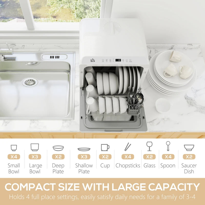 Compact Table Top Dishwasher - Mini Countertop Design, 6L Built-in Water Tank, 6 Wash Programs, 4 Place Settings, White