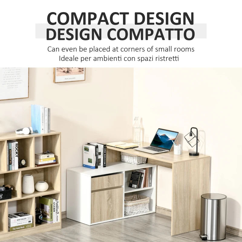 L-Shaped Corner Computer Desk with Storage Drawer & Adjustable Shelf - Oak & White Home Office Furniture, 120x92x75cm