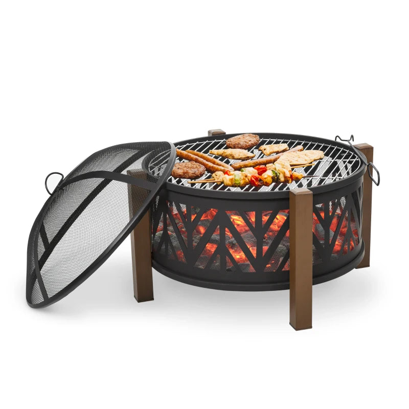 Large Metal Fire Pit Bowl 2-in-1 Outdoor BBQ Grill & Brazier with Lid, Poker for Backyard & Camping, 78cm Black