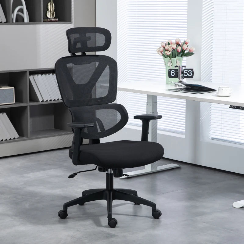 Vinsetto Adjustable Mesh Office Chair with Lumbar Support, Swivel Wheels & Headrest - Ergonomic Black Desk Chair