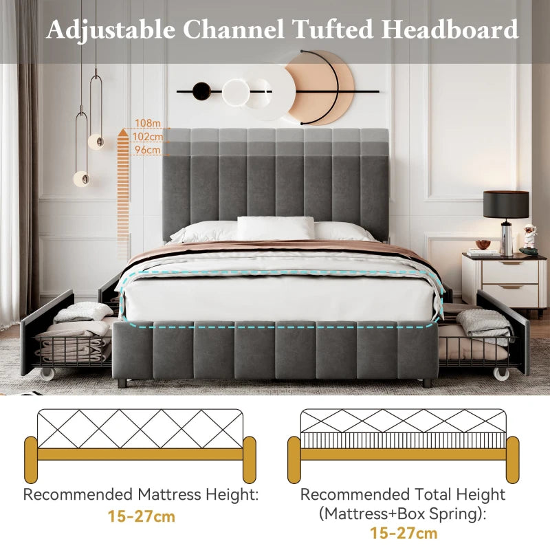 Velvet Double Bed with 4 Storage Drawers & Adjustable Tufted Headboard - Easy Assembly, Grey, 196L x 143W x 108H cm