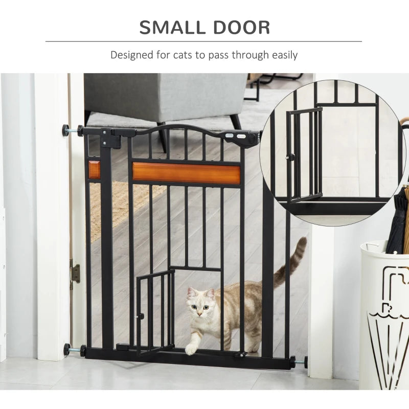 Pet Safety Gate with Cat Flap, Auto Close, 74-80cm Wide for Staircases, Doorways & Hallways - Black