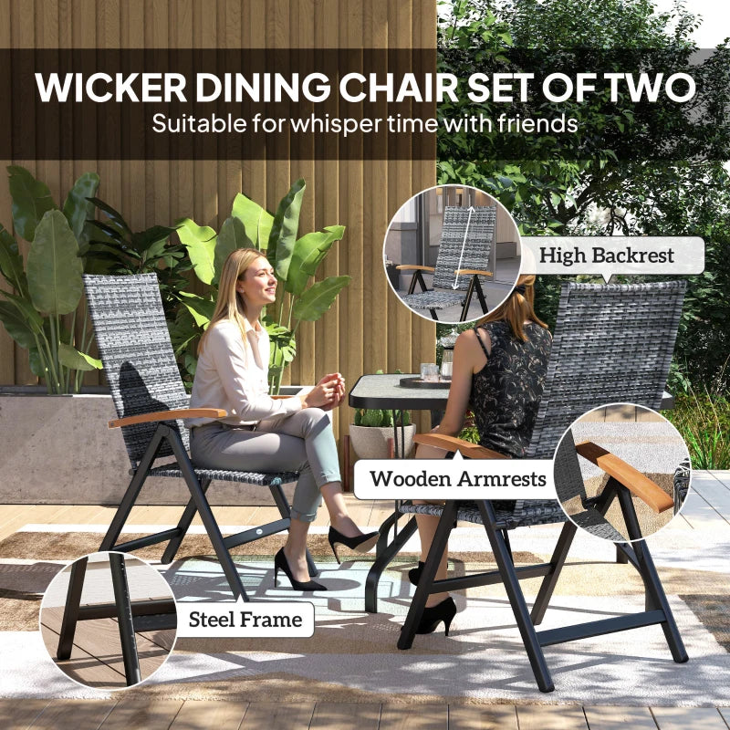 2-Piece Folding Rattan Garden Dining Chairs Set - 5-Level Reclining High Back, Wood Armrests, Outdoor Light Grey