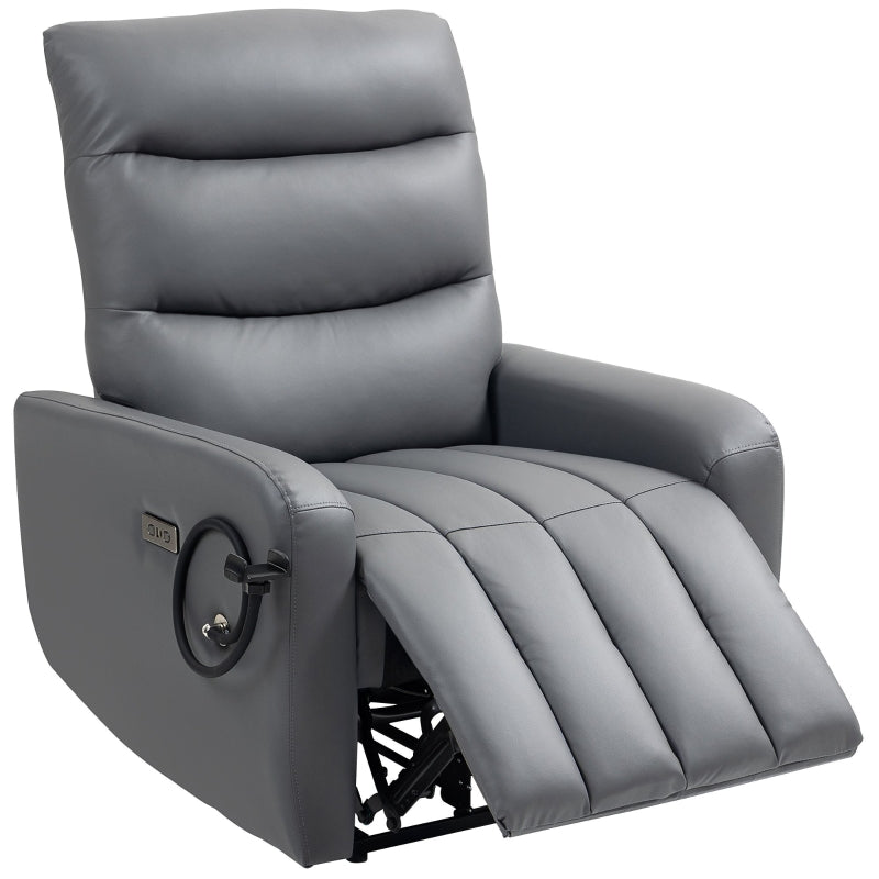 Electric Recliner Armchair with USB and Type C Charging, Phone Holder, Adjustable Leg Rest, Grey PU Leather for Living Room