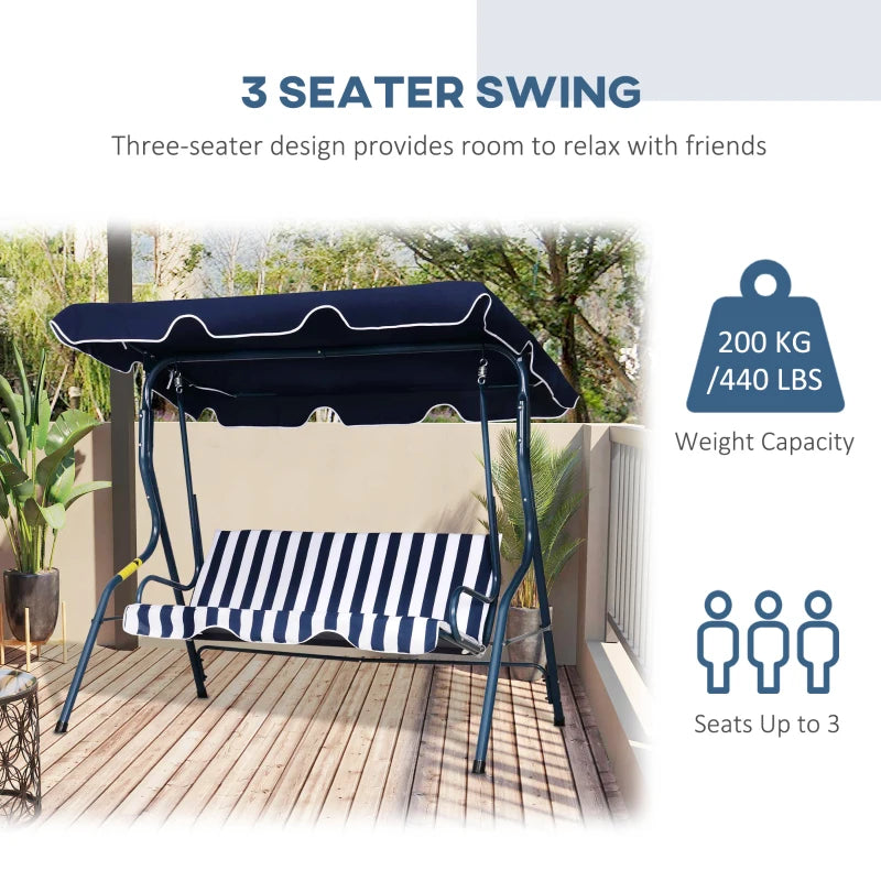Blue Striped 3-Seater Outdoor Swing Chair with Adjustable Canopy