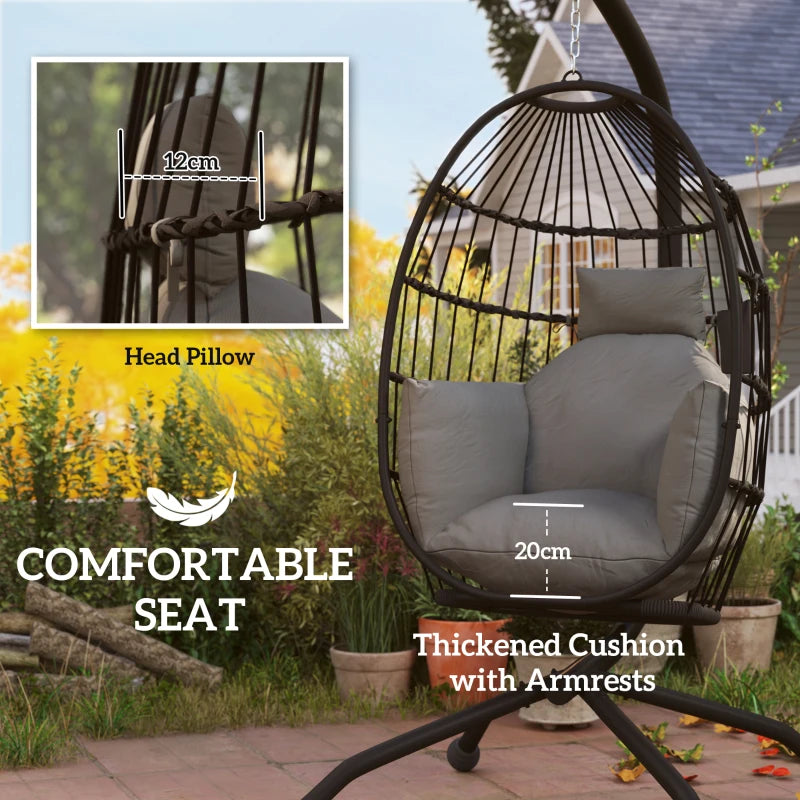 Hanging Egg Chair - Dark Grey - Outdoor Indoor Garden Swing Chair with Folding Basket, Thickened Cushion, Stand, Headrest & Cup Holder - Perfect for Patio & Balcony