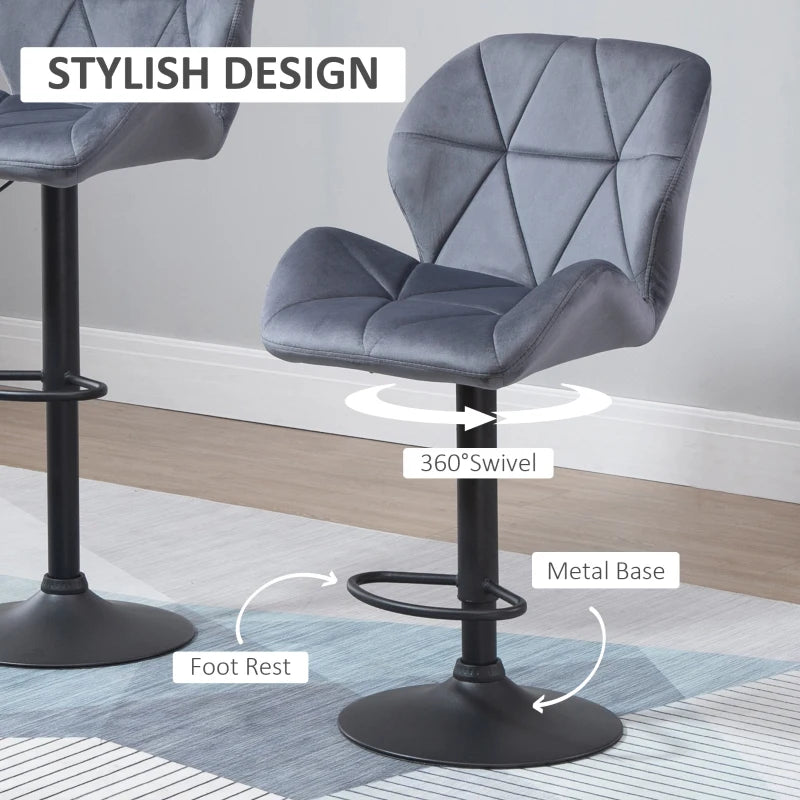 Adjustable Bar Stools Set of 2 - Armless Upholstered Swivel Counter Chairs with Back & Footrest in Dark Grey