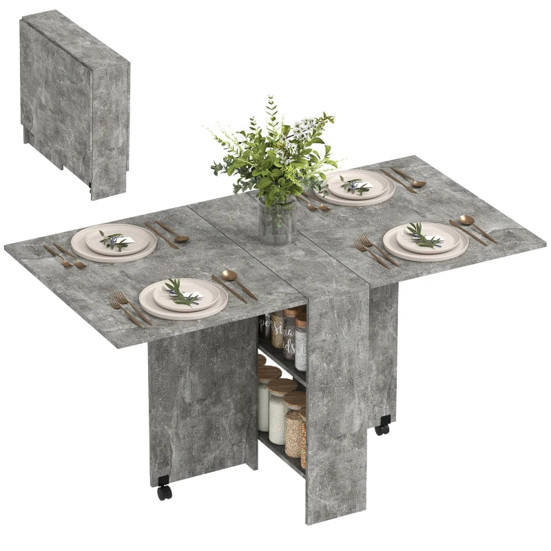 Folding Drop Leaf Dining Table with 2-Tier Shelves & Rolling Casters - Space-Saving Kitchen Table in Cement Grey