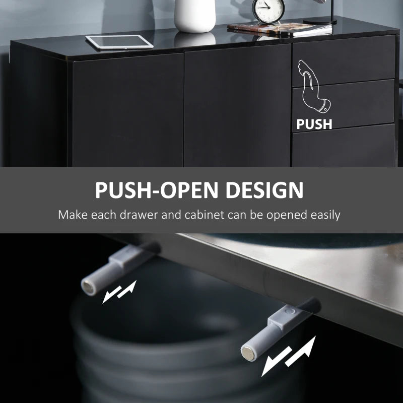 High Gloss Black Side Cabinet with Push-Open Design, 2 Drawers & 2 Cabinets for Living Room - 74H x 117W x 36Dcm