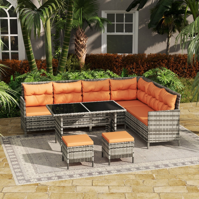 7-Seater Orange Cushioned Rattan Wicker Patio Sofa Set with Glass Table