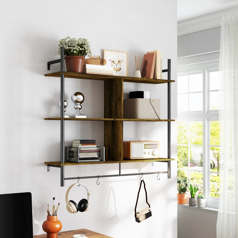 Stylish Three-Tier Floating Shelf - Modern Brown and Black Wall Storage for Home Decor and Organization