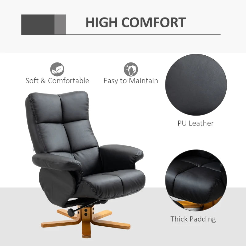 Swivel Reclining Armchair with Ottoman, Faux Leather Chair with Wooden Base and Storage Footstool for Living Room, Black