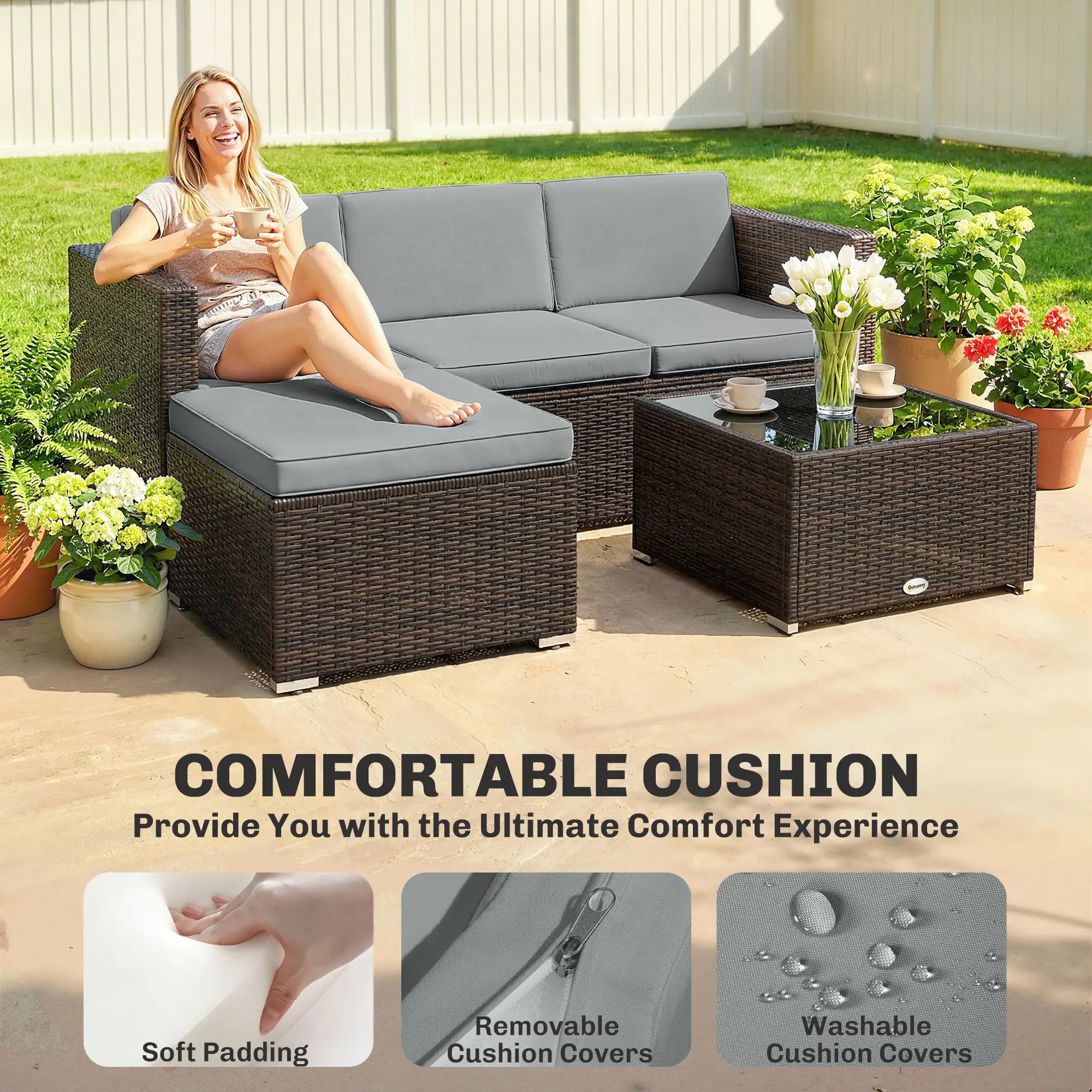 Light Grey 3-Piece Rattan Corner Lounge Set with Cushions – Compact Garden Conversation Sofa Suite