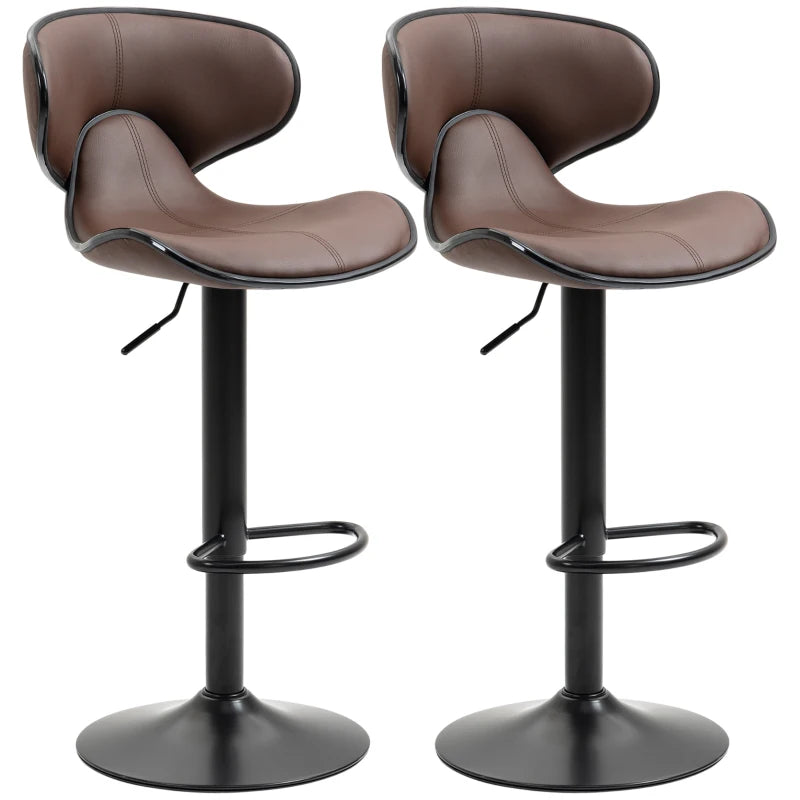 Adjustable Brown Breakfast Bar Stools Set of 2 with Curved Back 62-82cm for Kitchen, Bar, Cafe