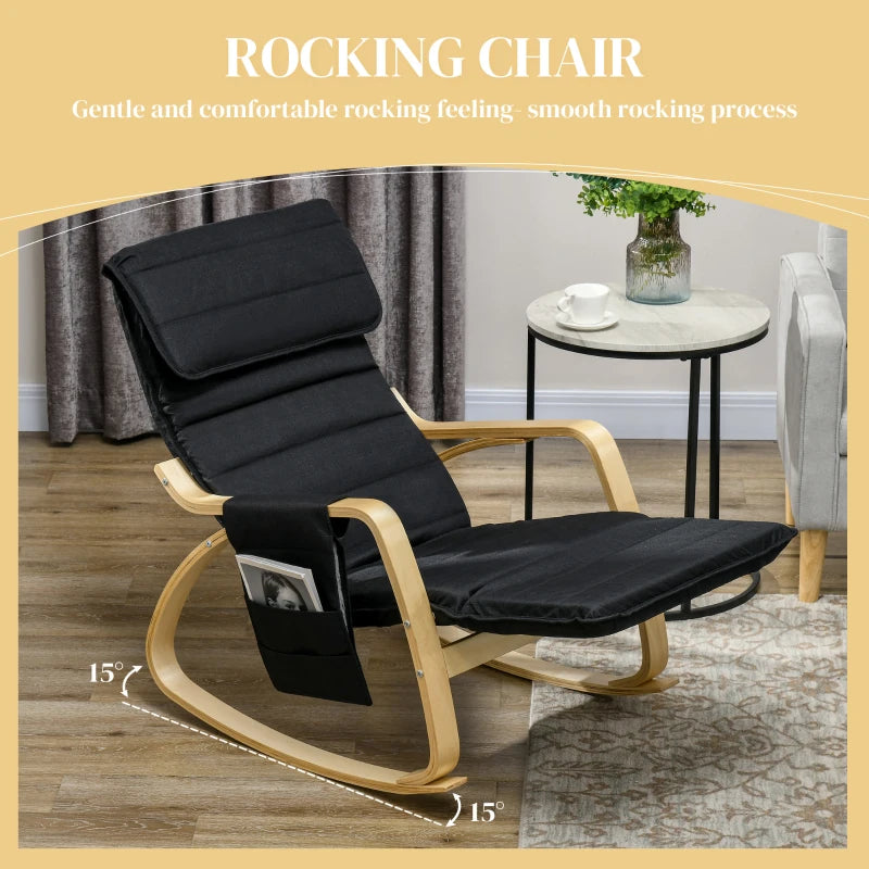 Adjustable Rocking Lounge Chair with Footrest, Side Pocket and Pillow for Ultimate Relaxation in Black
