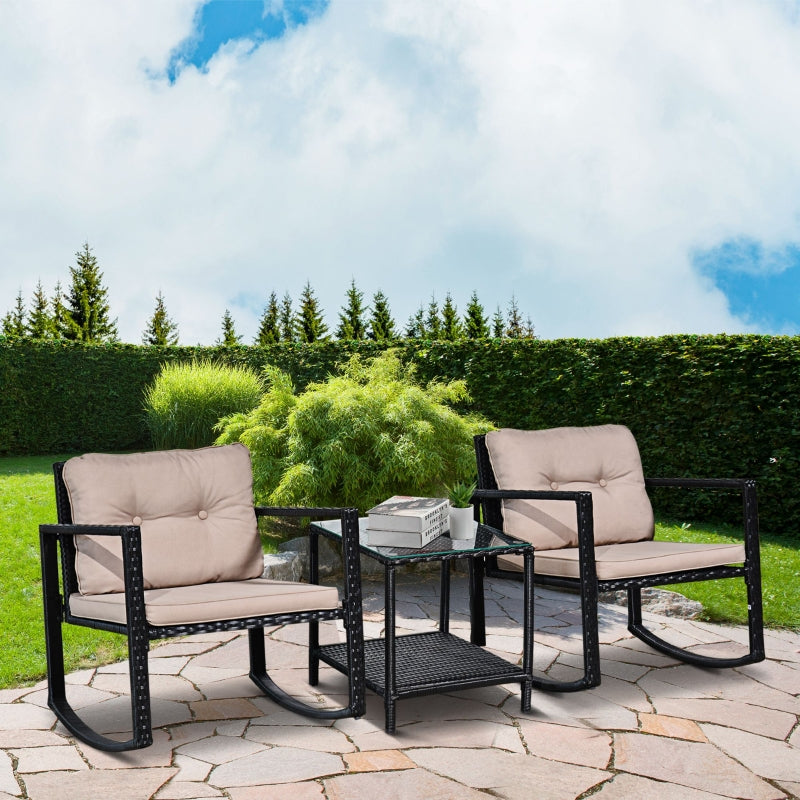 Black Rattan Rocking Chair Set with Cushioned Armchairs and Coffee Table