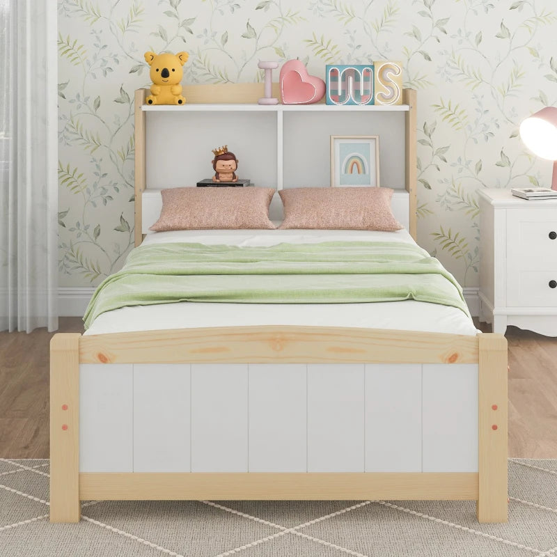 Solid Wooden Single Bed Frame with Storage Headboard - 3FT (90x190 cm), No Box Spring Required, Durable White Design