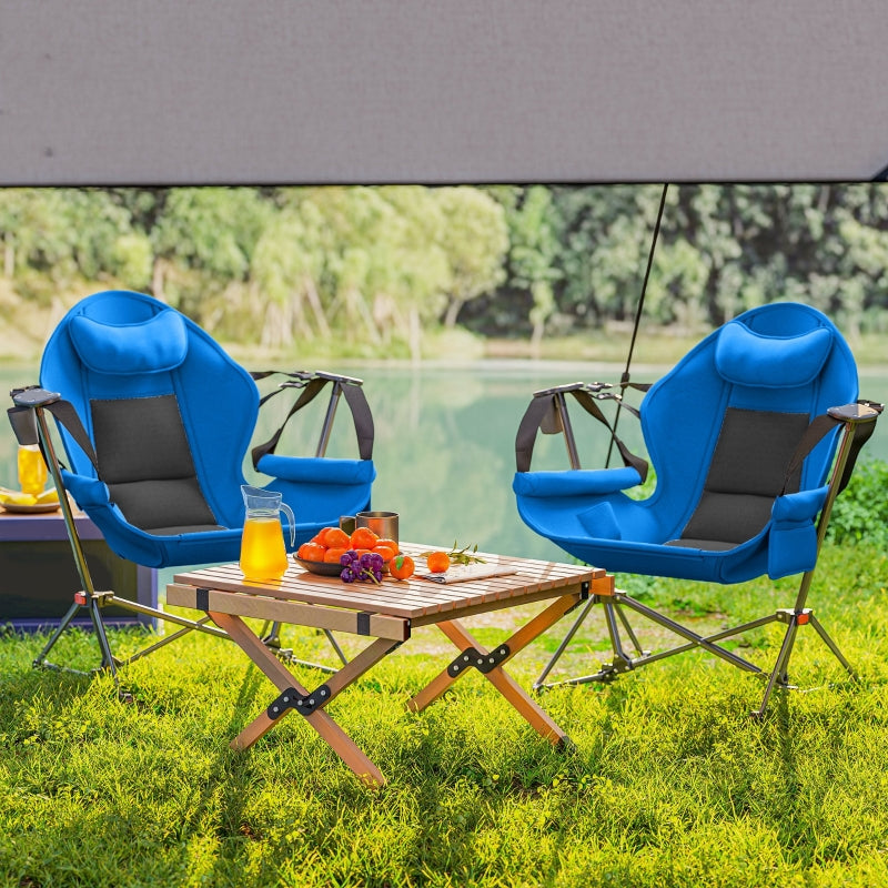 Adjustable Blue Camping Chair Set of 2 - Portable Swinging Hammock with Cup Holder, Headrest, Padded Seat & Carry Bag for Travel, Fishing & Hiking