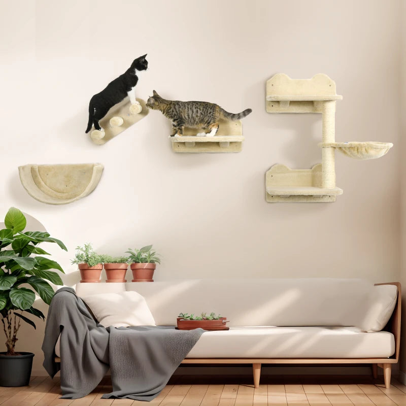 4PC Wall-Mounted Cat Shelves Set with Scratching Post, Hammock & Nest - Beige Cat Furniture for Climbing & Relaxing