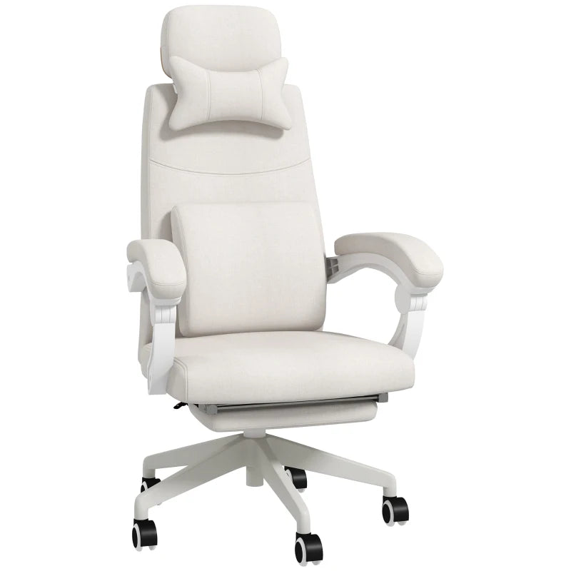 Vinsetto White Linen-Look Office Chair with 160° Reclining Back and Footrest - Ergonomic Comfort for Home & Office