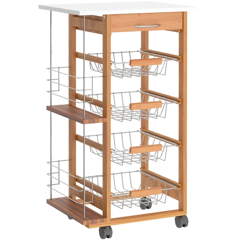 Rolling Kitchen Cart with 4 Basket Drawers & Side Racks - Utility Storage on Wheels for Dining Room, Brown Finish