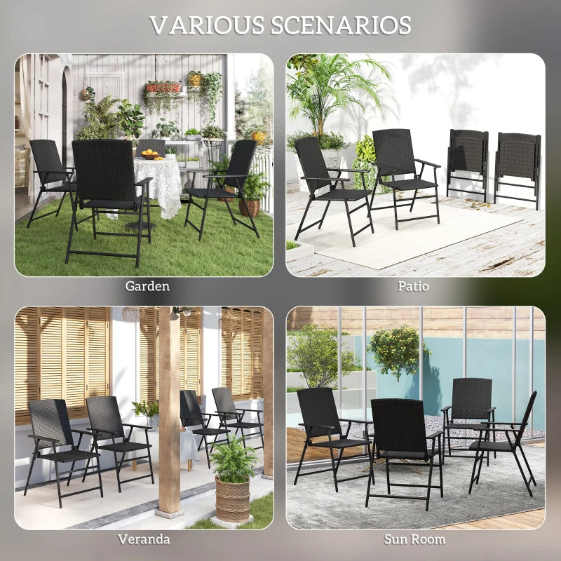 Set of 4 Black Folding Rattan Chairs - Stylish Outdoor Seating for Patio, Garden, and Events