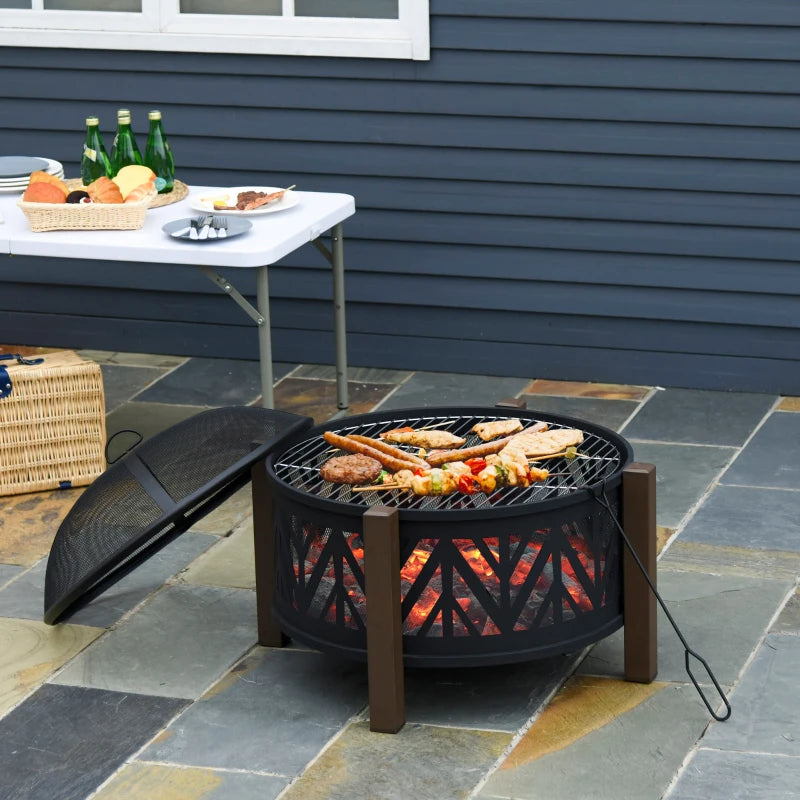Large Metal Fire Pit Bowl 2-in-1 Outdoor BBQ Grill & Brazier with Lid, Poker for Backyard & Camping, 78cm Black