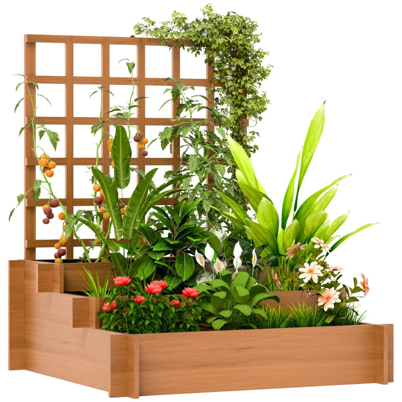 3 Tier Wooden Garden Planters with Trellis for Climbing Vines, Brown, 95x95x110cm