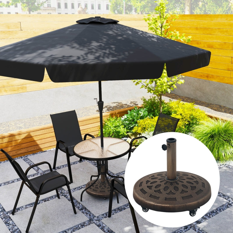 21kg Heavy Duty Round Garden Parasol Base with Wheels - Bronze Umbrella Stand for 34mm, 38mm, 48mm Poles - Ideal for Deck and Poolside