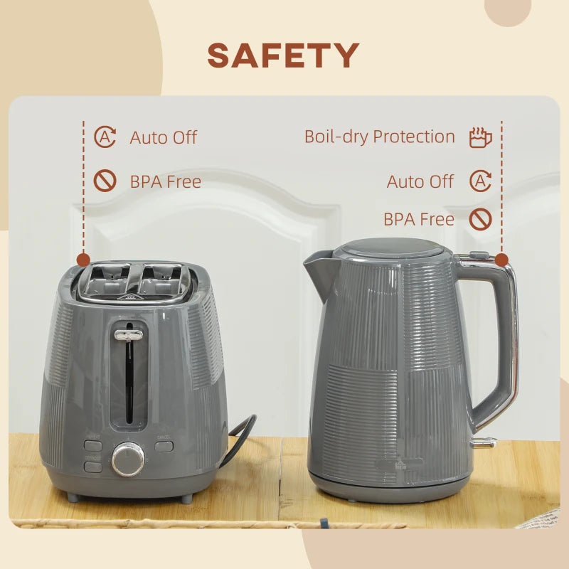 Premium Grey Kettle & Toaster Set - 1.7L Fast Boil Kettle 3000W & 2 Slice Toaster with 7 Browning Levels