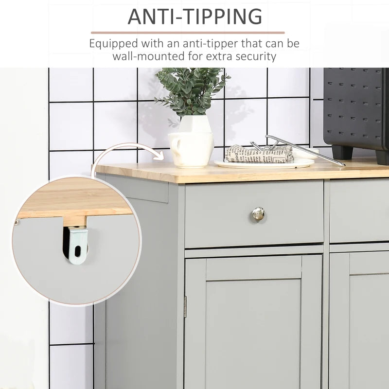 Modern Grey Sideboard with Rubberwood Top & Adjustable Shelves - Perfect for Dining Room & Kitchen Storage