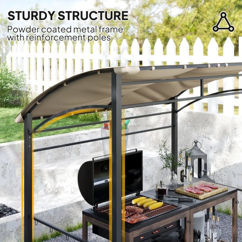 2.2m x 1.5 m Khaki BBQ Grill Gazebo Tent - Outdoor Metal Frame Canopy with 10 Hooks for Garden Shade