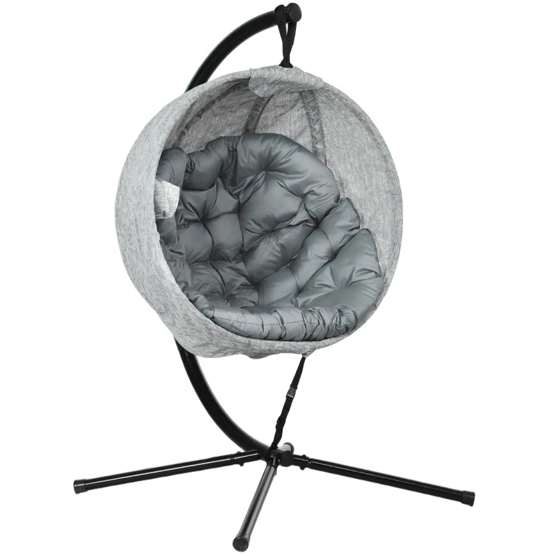 Hanging Egg Chair - Grey Outdoor Indoor Garden Swing Chair with Folding Basket, Stand, Thickened Cushion & Cup Holder - Perfect for Patio & Balcony
