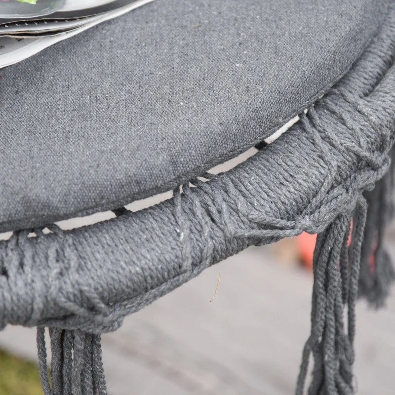 Grey Macrame Hanging Rope Chair with Cushion for Outdoor Patio