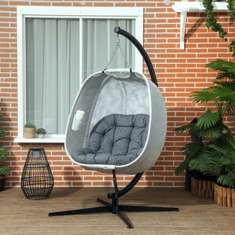 Hanging Egg Chair - Grey Outdoor Indoor Garden Swing Chair with Folding Basket, Stand, Thickened Cushion & Cup Holder