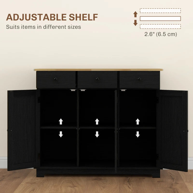 Stylish Black Wood-Effect Sideboard with Rubberwood Top & Adjustable Shelves - Perfect for Dining Room & Kitchen Storage