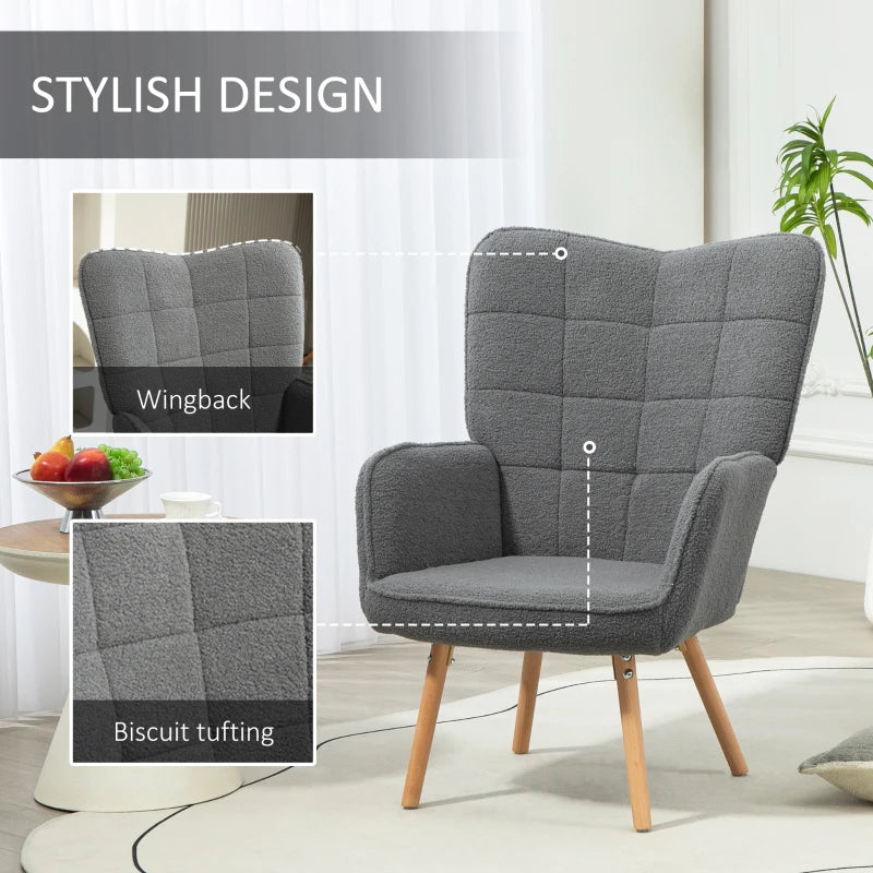 Grey Teddy Fleece Wingback Accent Chair for Stylish Living Room Decor