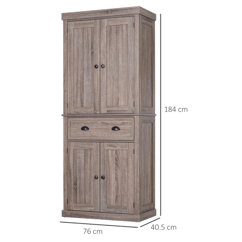 Freestanding 184cm Tall Kitchen Cupboard - Traditional Colonial 4-Door Pantry Storage Cabinet with Drawer, Dark Wood Grain Finish