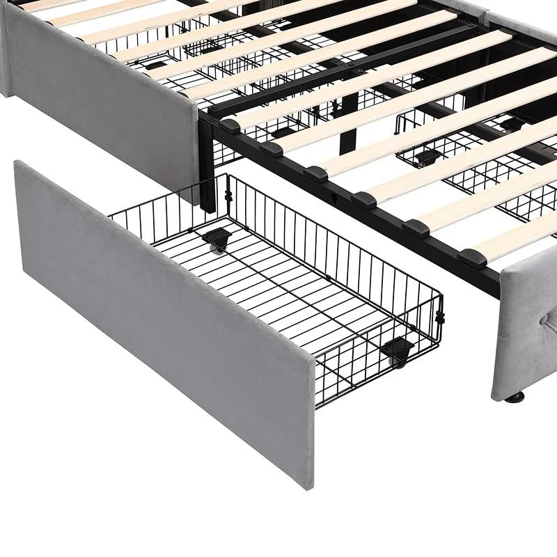 3FT Single Velvet Storage Bed with 4 Drawers, USB Ports & Table Lamp - Durable Gray Upholstered Design, 206.5L x 96.5W cm